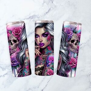 20oz Womens Tatted Skull Vibrant Floral Stainless Steel Tumbler